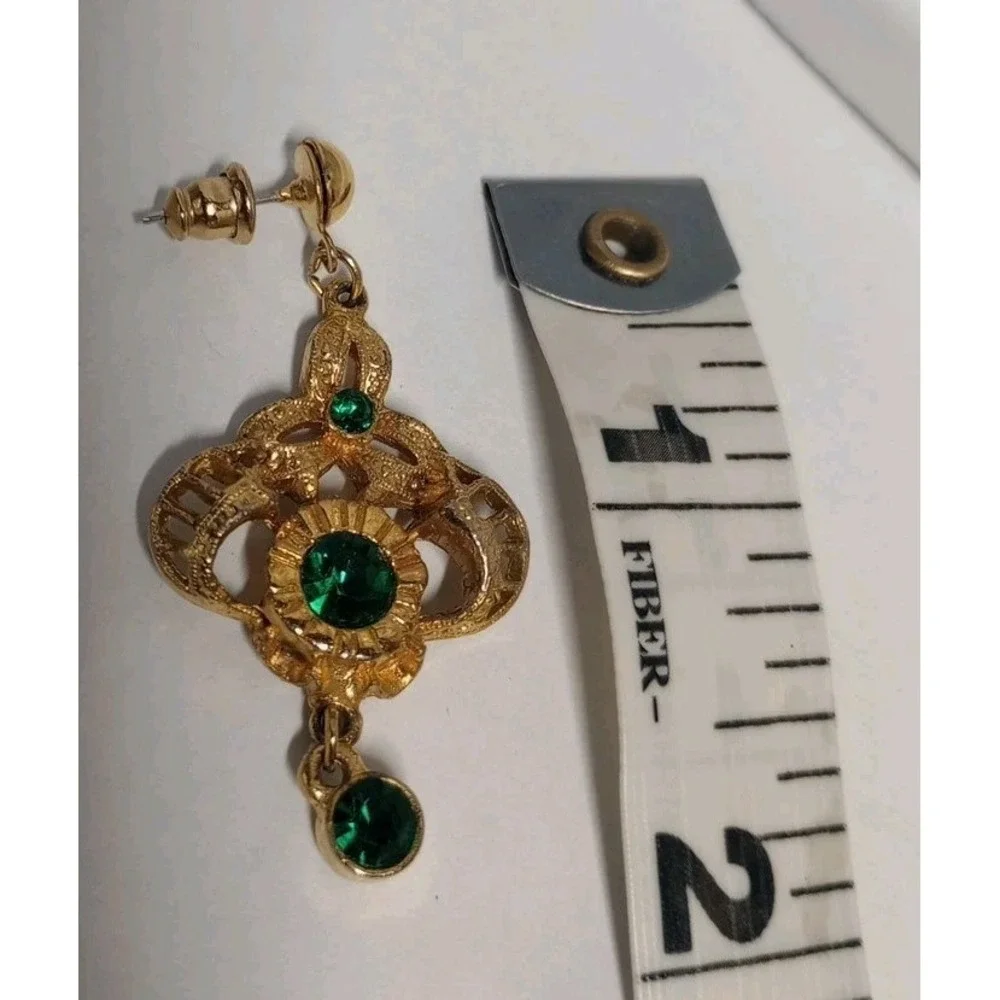 Goldtone Green Rhinestone‎ Dangle Pierced Earrings